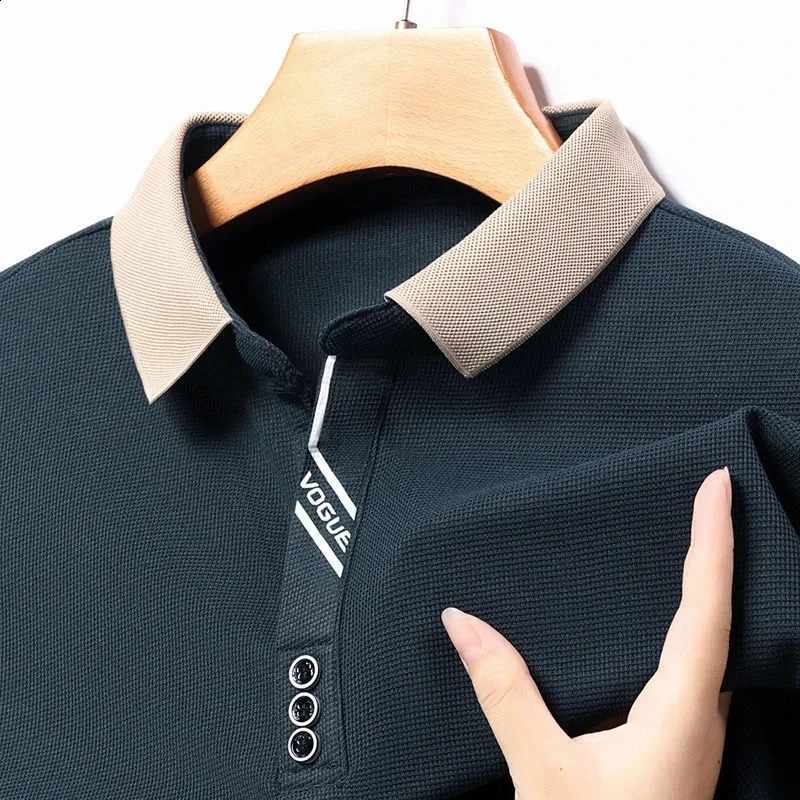High quality mercerized cotton long sleeve t-shirt mens spring and autumn fashion contrast Lapel Polo loose casual top 240824