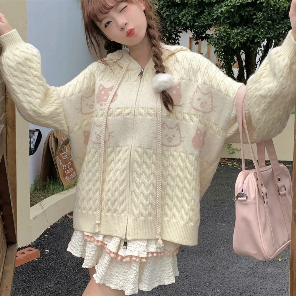Japanese Anime Cats Kawaii Sweaters Oversized Cardigan Youth Women Students Knitwear Autumn Winter Jackets Coats Korean Trendy 240824