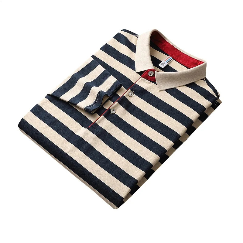 Spring Autumn Long Sleeve T-shirts Korean Striped Mens Clothing Contrasting Colors Stylish Polo-Neck Button Basic Polo Shirts 240824