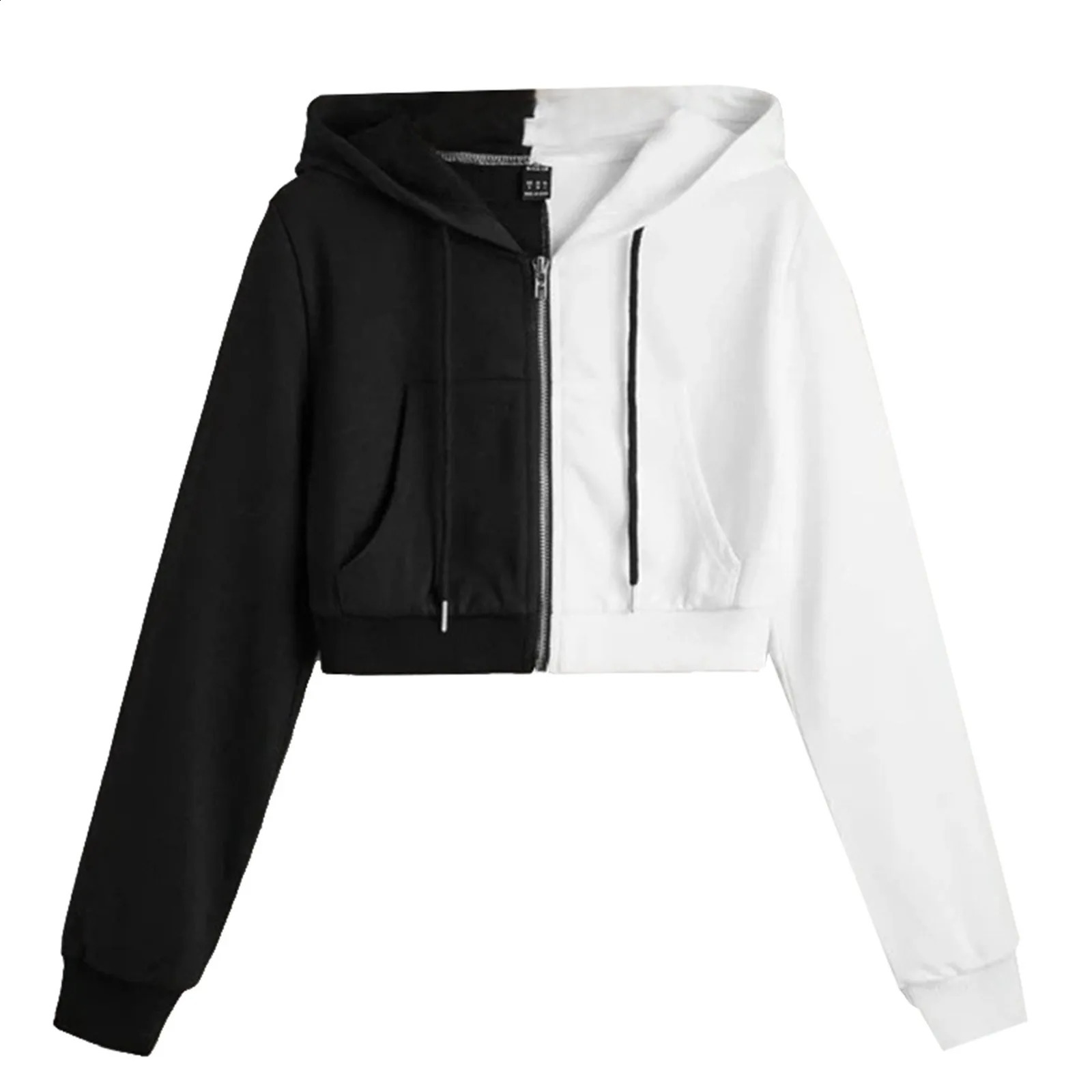 Korean Fashion Long Sleeve Streetwear Color Block Casual Zip Up Cropped Hoodies Sport Style Sweatshirt For Women 240824