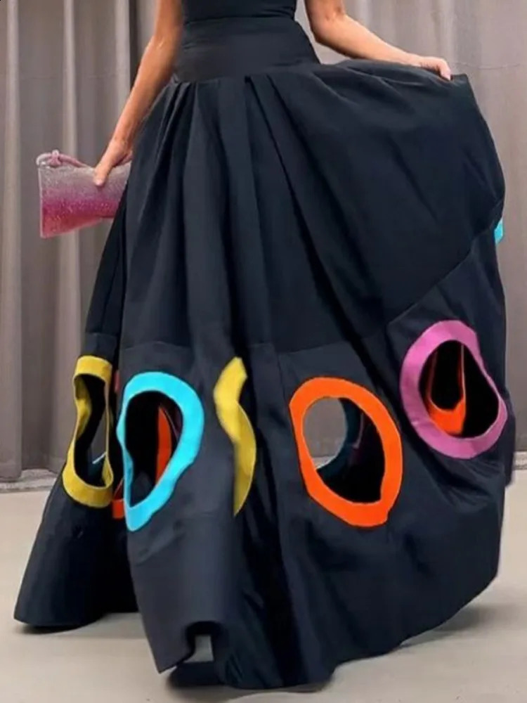 Freeacy Tank Top Spliced Pleated Black Party Dress for Women Summer Fashion Colorful Hollowed Floor Length Evening Dress 240824