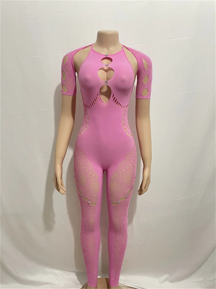 Sexy Outfits Streetwear Jumpsuits for Women Short Sleeve Bodycon Rompers Jumpsuit Skinny Pink Mesh See Though Onepiece Overalls 240823