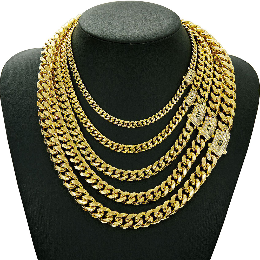 Solid Stainless Steel Hip Hop Miami Cuban Chain Available Sizes 6-14mm, 14K Gold Plated