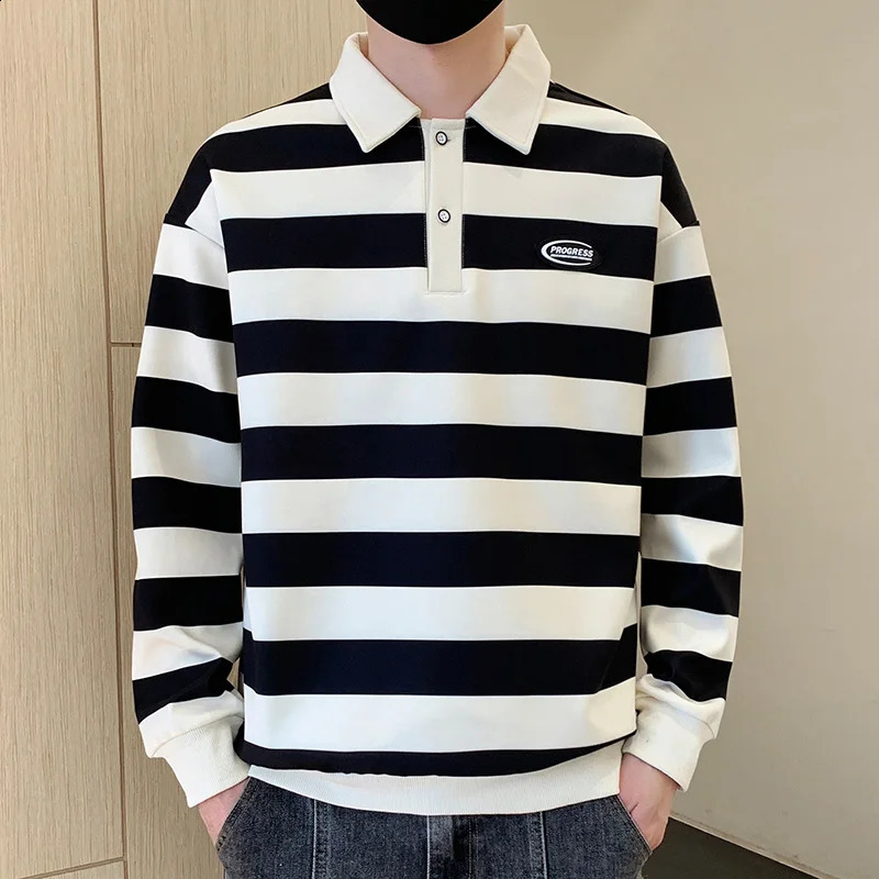 Commute Basic Striped T-shirts Spring Autumn Polo-Neck Button Mens Clothing Long Sleeve Korean Patch ns Loose Polo Shirts 240824