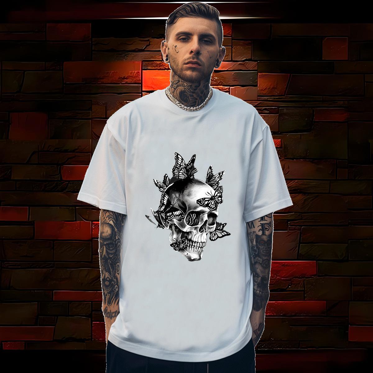 Free Shipping Men T Shirts 100% Cotton 230g butterfly High Street Hip Hop Skull Crew Neck Couples T Shirts Designer Fashion Tops Tees