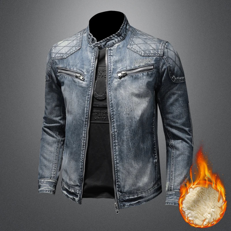 Mens wool thick street clothing denim jacket mens retro blue bomber with velvet windproof 240824