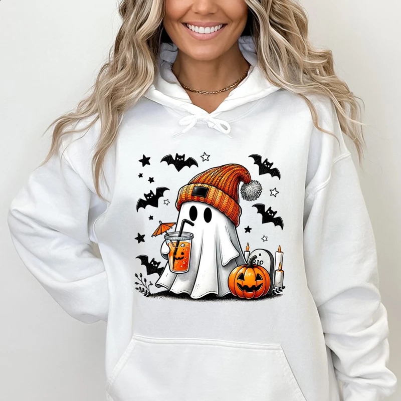 Halloween Ghost Pumpkin Bat Hoodies For Women Fashion Hooded Pullover Teens Casual Long Sleeves Halloween Sweatshirts 240824