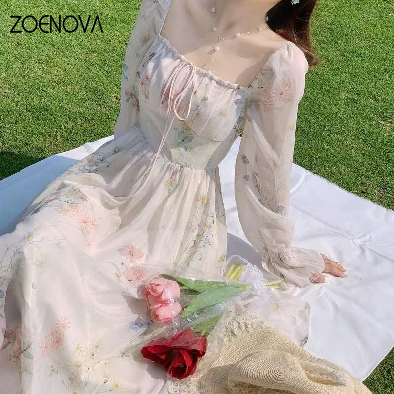 ZOENOVA Elegant French Style Tweed Dress Lace Details Spring Wardrobe Womens Long Dress Chiffon Material 240824