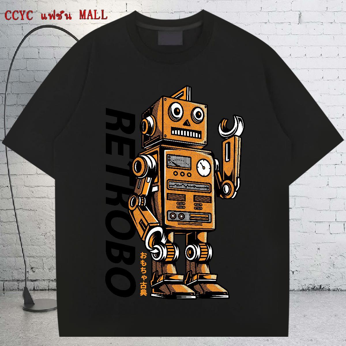 Cool T Shirts Men 100% Cotton 230g robot Spring Summer Cartoon Print Breathable Crew Neck Tshirt for Man Woman Custom Tops