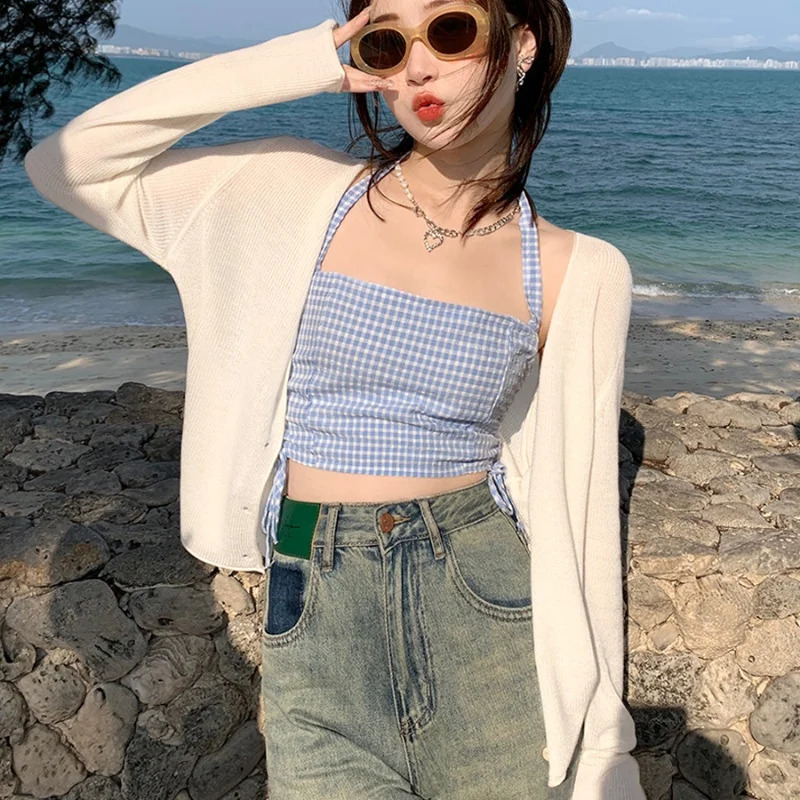 GAODINGLAN Summer Thin Knitted Cardigan Women Long Sleeve Ice Silk Sunscreen Shirt Female Solid Knitting Outwear Shawl Versatile 240824