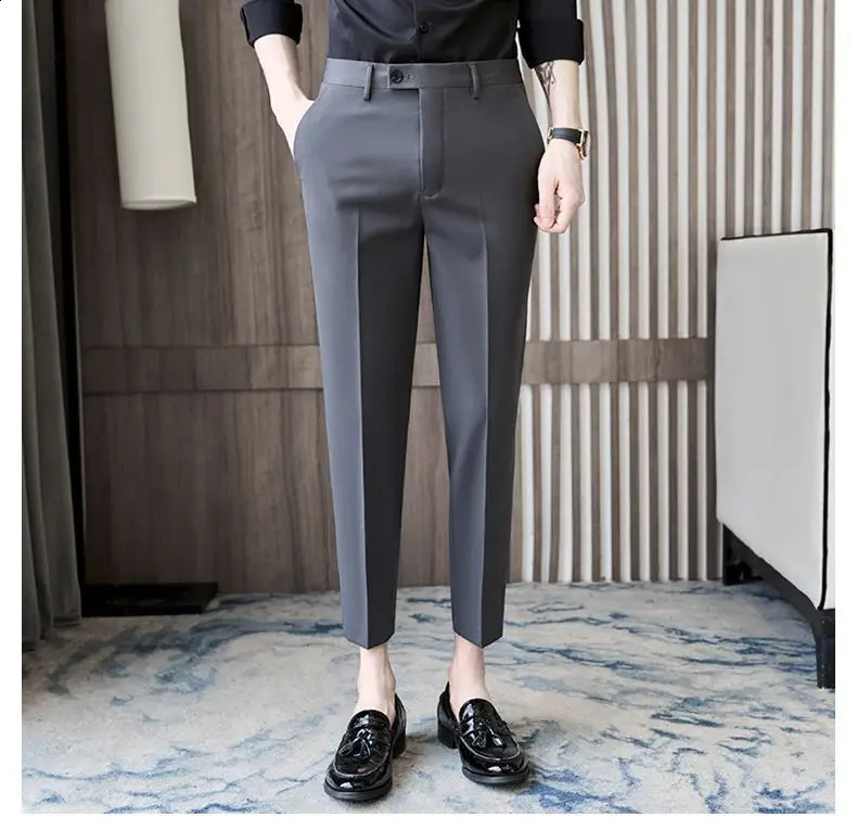British Style Spring Solid High Quality Dress Pant Men Slim Fit Casual Office Trousers Formal Social Wedding Party Suit Pant 240824 - view 7