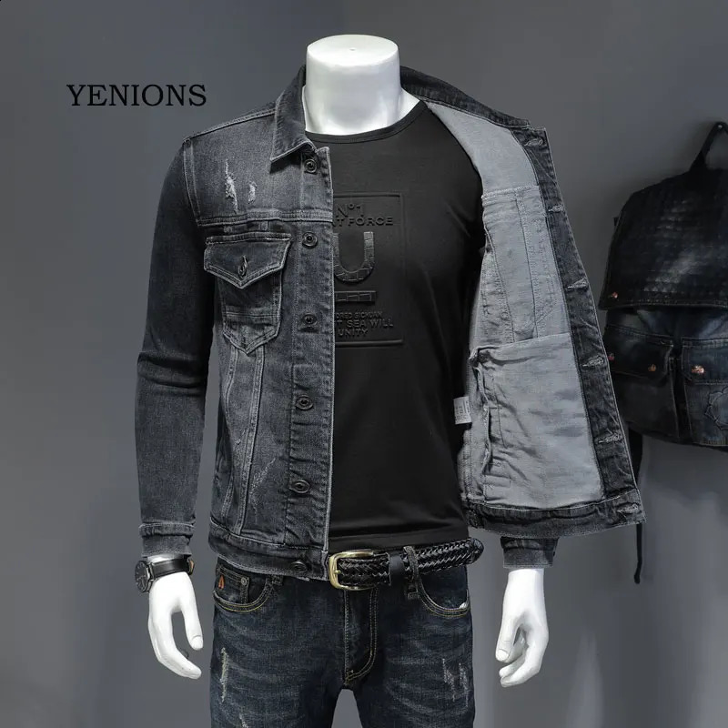 Mens denim jacket blue gray cotton swivel collar long sleeves ultrathin clothes motorcycle jeans mens 240824