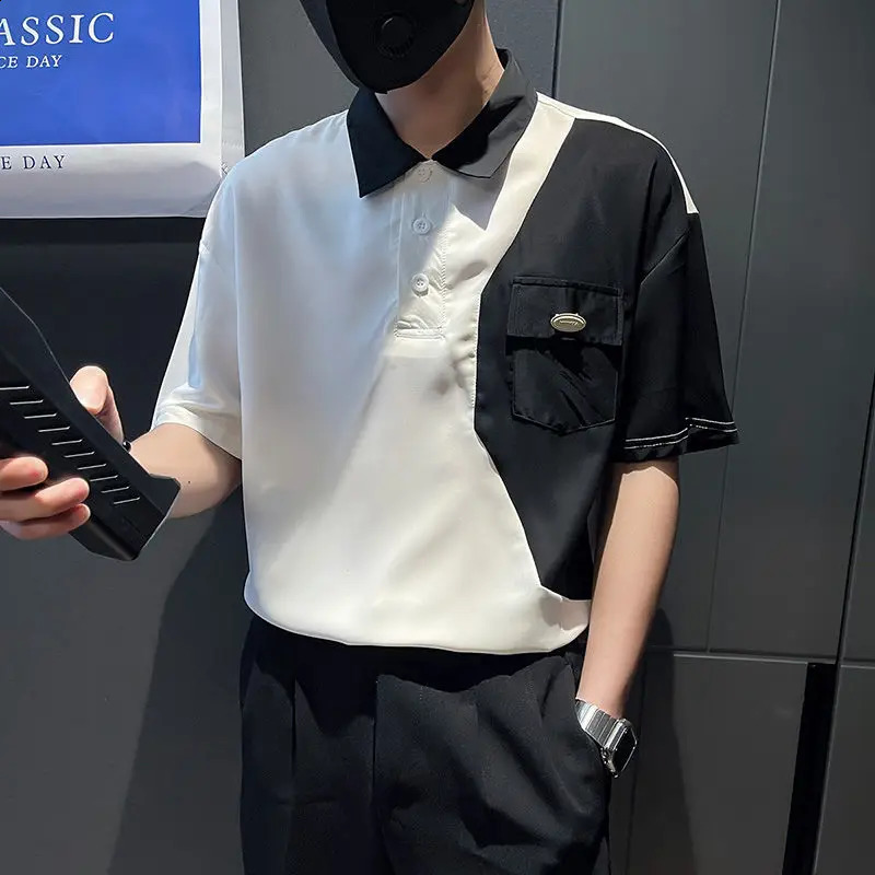 Summer Thin Fashion Short Sleeve Lapel Mens Trend Korean Version Casual All-match Contrasting Colors Spliced Pocket POLO Shirt 240824