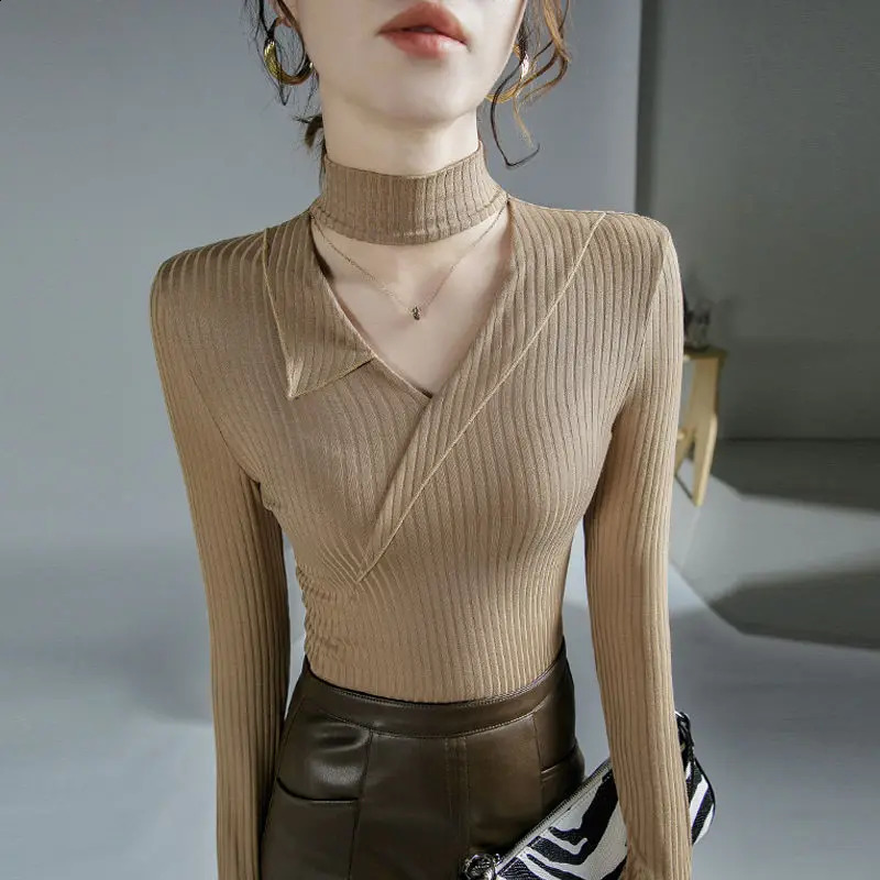 Elegant Fashion Hollow Halter Solid Color All-match Long Sleeve Tops Sexy Slim Spliced Knitted Sweaters Jumpers Womens Clothing 240824