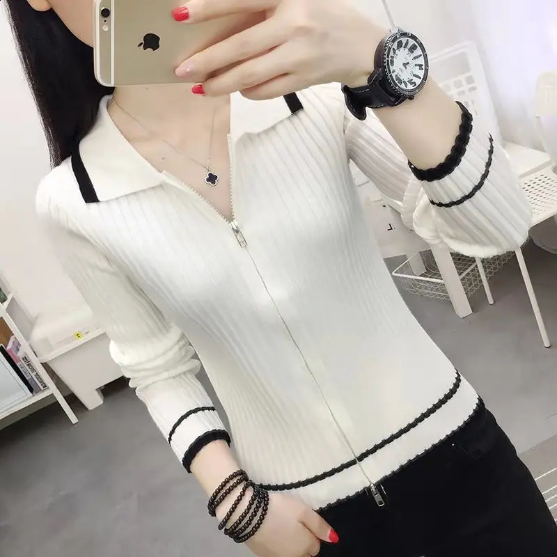 Spring Autumn Cardigan For Women Korean Fashion Turn-Down Collar Long Sleeve Sweater Oversize Zippers Top Female Soft Knitwear 240824