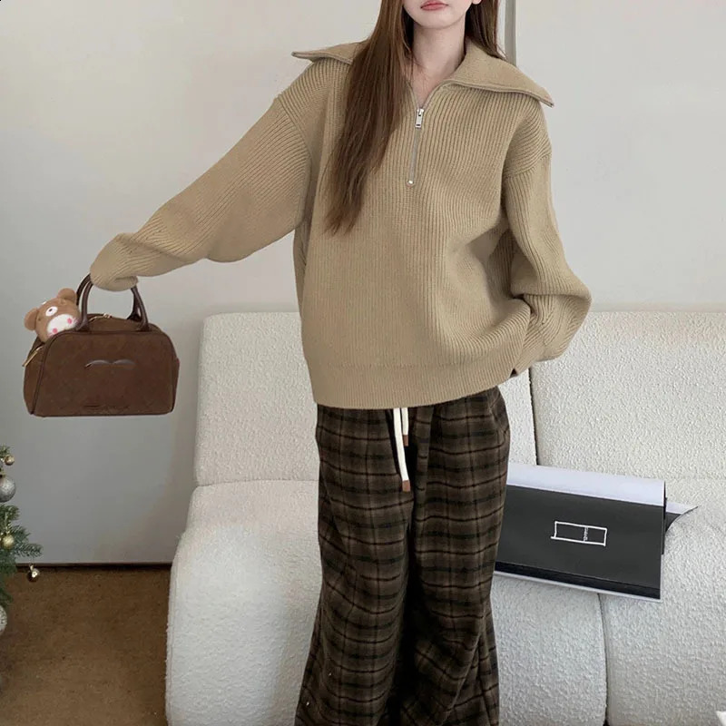 Female Knitwear Korean Style Chic Soft Solid Color Large Zipper Lapel Women Sweaters And Pullovers Fashion Knitwear CR187 240824