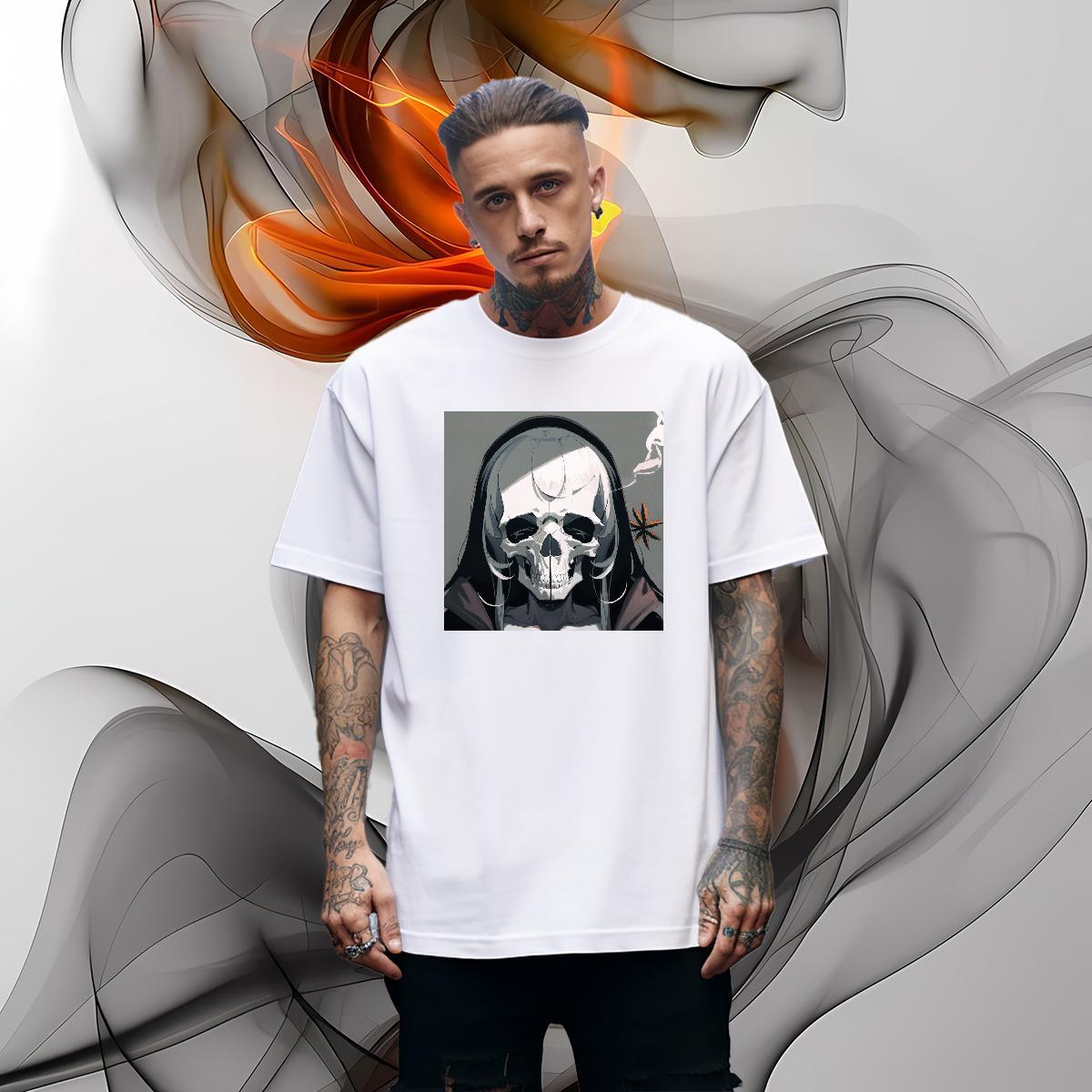 Classic T Shirt For Man 230g Pure Cotton skull Street Wear DIY Logo Oversized Round Neck Short Sleeve Mens Tshirts Fashion Polos