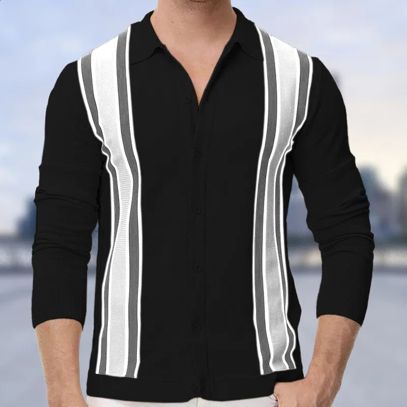 Autumn Mens Clothing Knit Polo Shirt Leisure Button-down Long Sleeve Retro Fashion Patchwork Knitwear M-3XL 240814