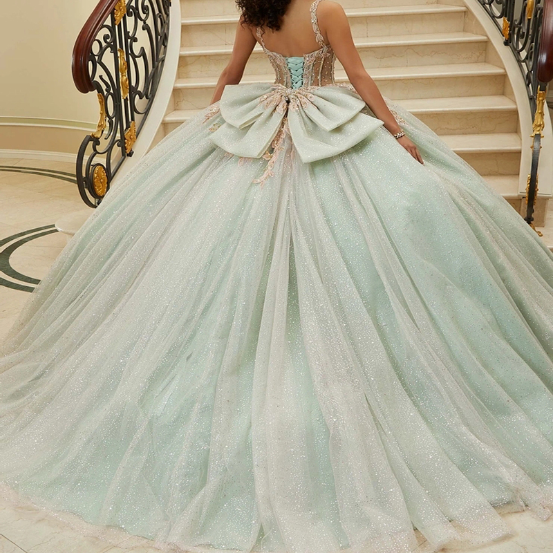 Light Sage Green Shiny Quinceanera Dresses Lace Appliques Beaded Crystal Bow Tulle Corset Princess Sweet 16 Dress Vestidos De 15 Anos