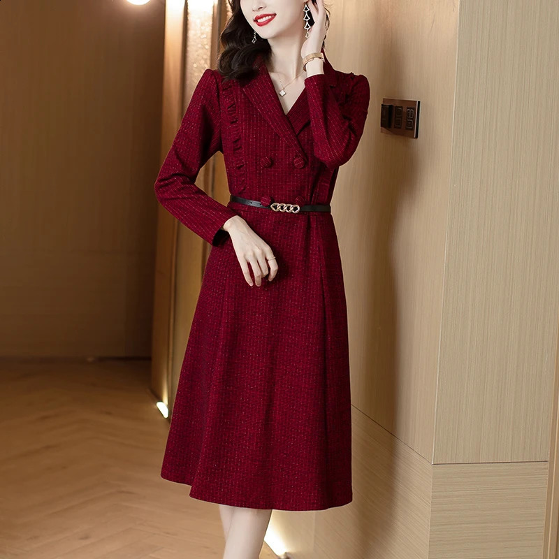 EVNISI Women Vintage Tweed Dress With Belt Button Long Sleeved Casual Office A-line Dresses Women Party Vestido Spring 240824