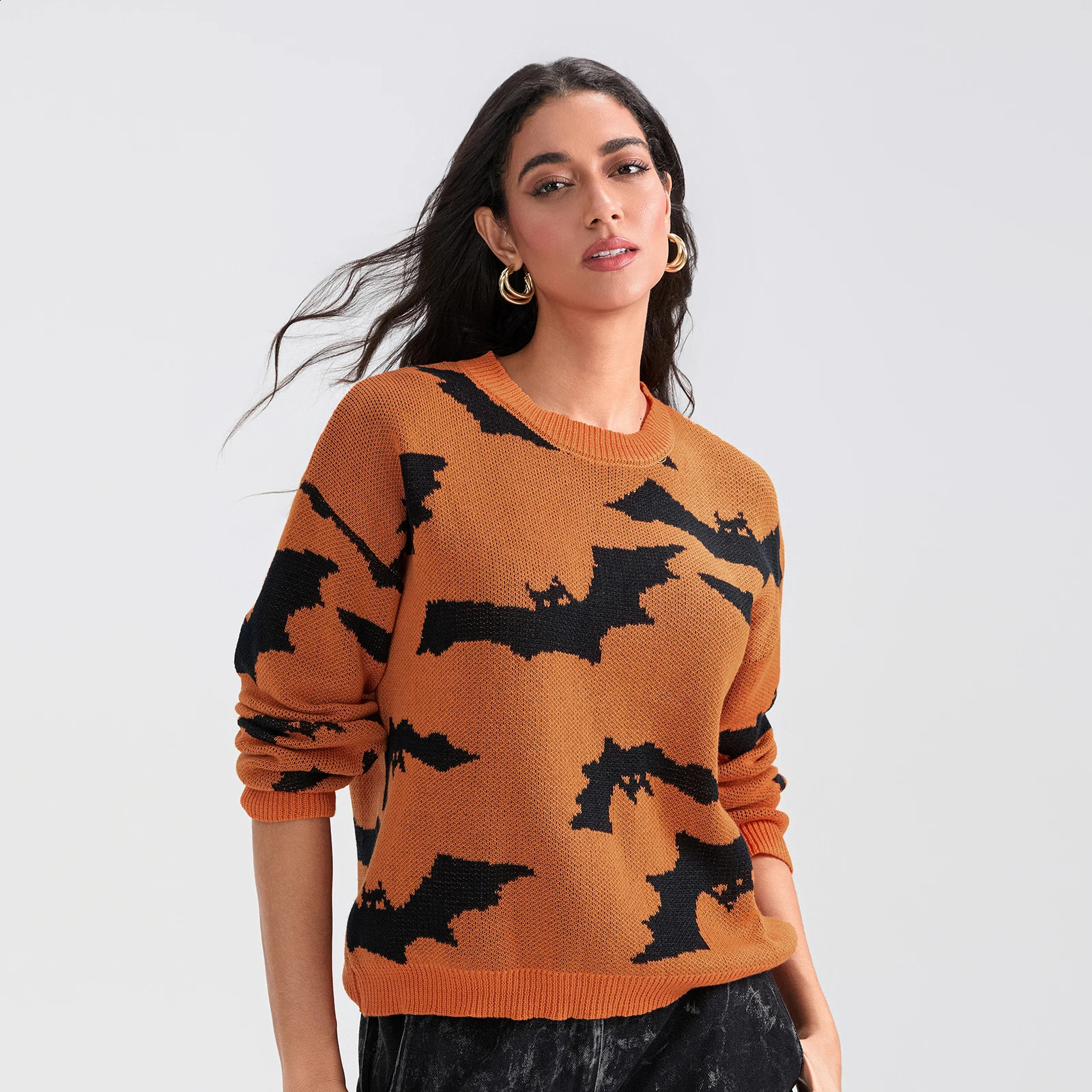 Puloru Women Halloween Sweaters Fall Winter Bats Long Sleeve Crew Neck Pullover Warm Jumpers for Streetwear Fashion Knitwear 240824