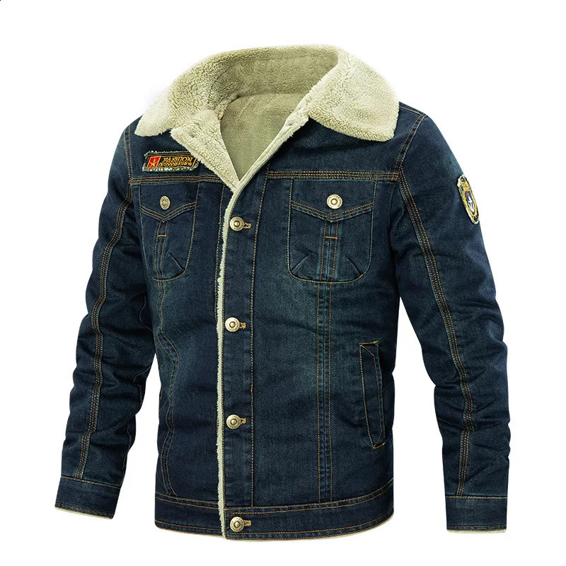 Denim jacket winter mens thick coat warm wool denim jeans black casual cotton clothing 240824