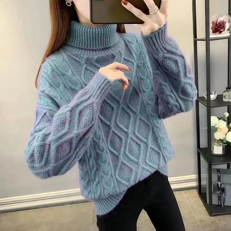 Womens Turtleneck Sweater Fall Winter Loose Warm Knit Pullover Tops Candy Colors Knitwear Jumper Korean Soft Casual Poleras 240824