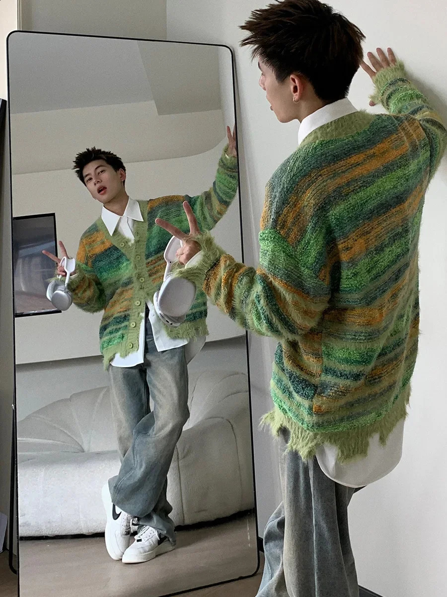 Vintagenichecasual Tie-dye Striped Sweater Jacket Unisex Loose-fit Knitted Cardigan Trendy Casual Wear V-neck Pullovers 240824