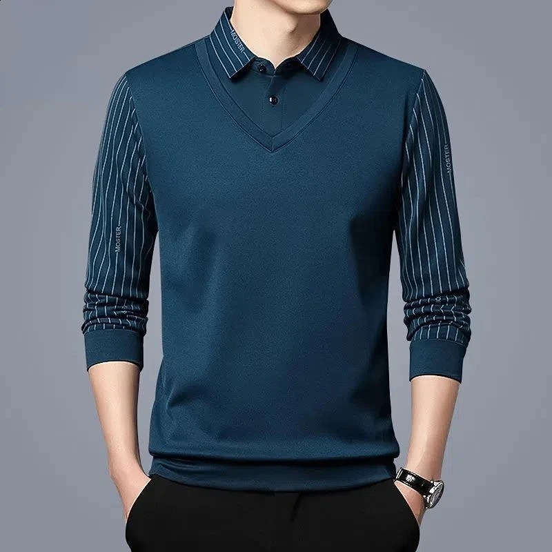 Mens T-shirt Turn-down Collar Spring Autumn Long Sleeve Button Stripe Print Fashion Polo Tees Casual Tops 240824