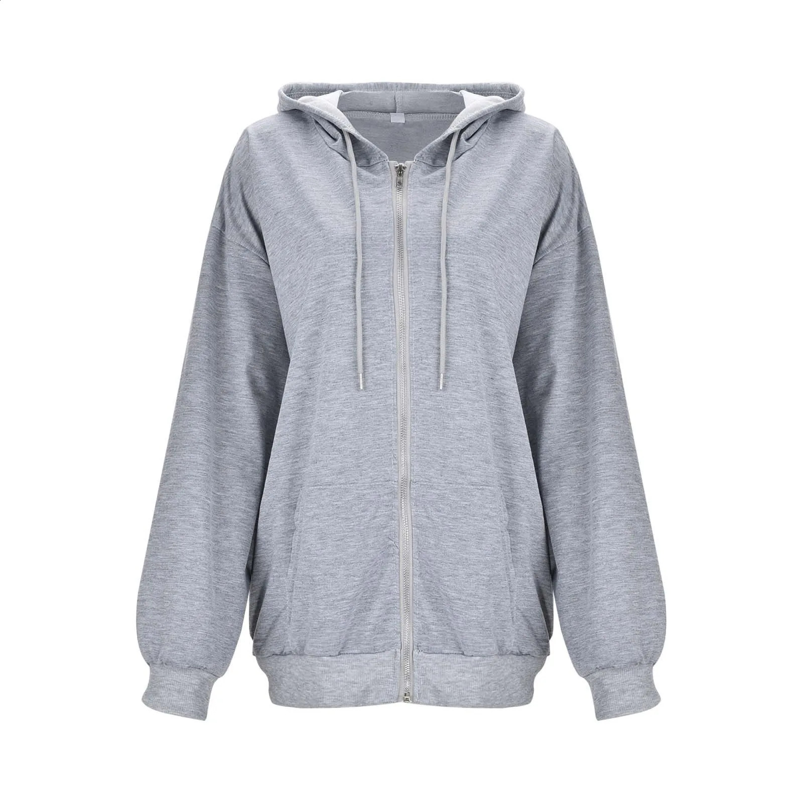 Ladies Hooded Sweatshirt Jacket Harajuku Fashion Solid Color Loose Zip Up Jacket Long Length Outwear Tops For Women Y2k Tops 240824