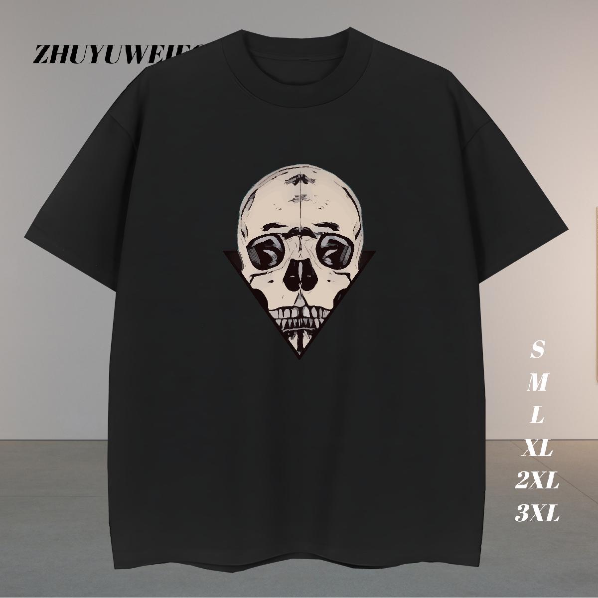 Loose T Shirt For Man 230g Pure Cotton skull Street Casual Anime Print Crew Neck Breathable Mens Tshirts 2024 Summer Tee Shirt
