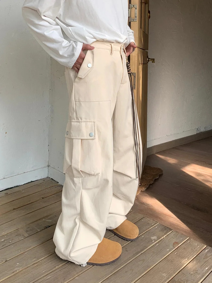 American Style Trendy Large Pocket Solid Color Casual Pants Men Loose Fit Versatile Straight Leg Sports Cargo Pants 240824