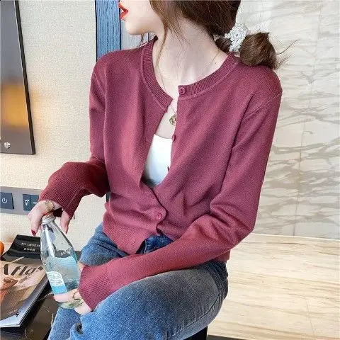 Womens Autumn Style Fashion Simplicity Solid Color O-neck Long Sleeve Sweater Coat Women Clothes All-match Loose Tops 240824