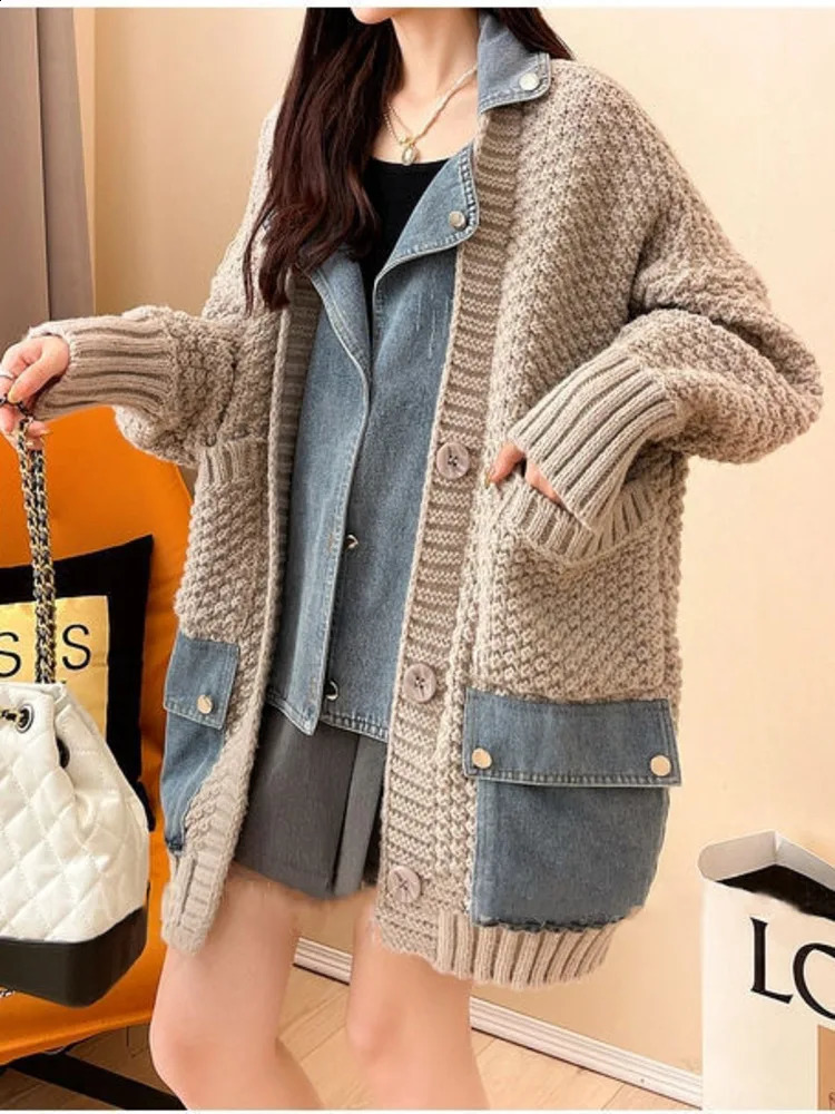 2023 Autumn Winter Arrivals Denim Stitched Sweater Coat Womens Loose Thickened Knitted Cardigan Top Women 240824