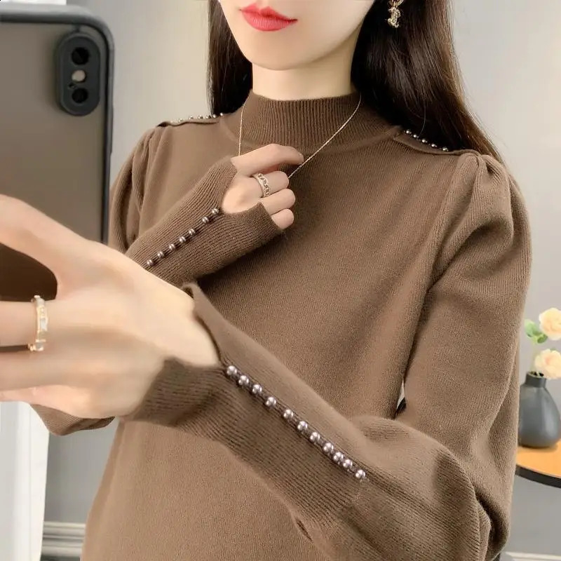 Half-turtleneck Beaded Sweater Womens Base Layer Autumn and Winter Pullover Puff Sleeve Knit Top 240824