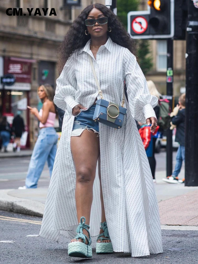 CM.YAYA retro plus size womens single chest long sleeved shirt dress autumn street fashion long skirt vest 240824