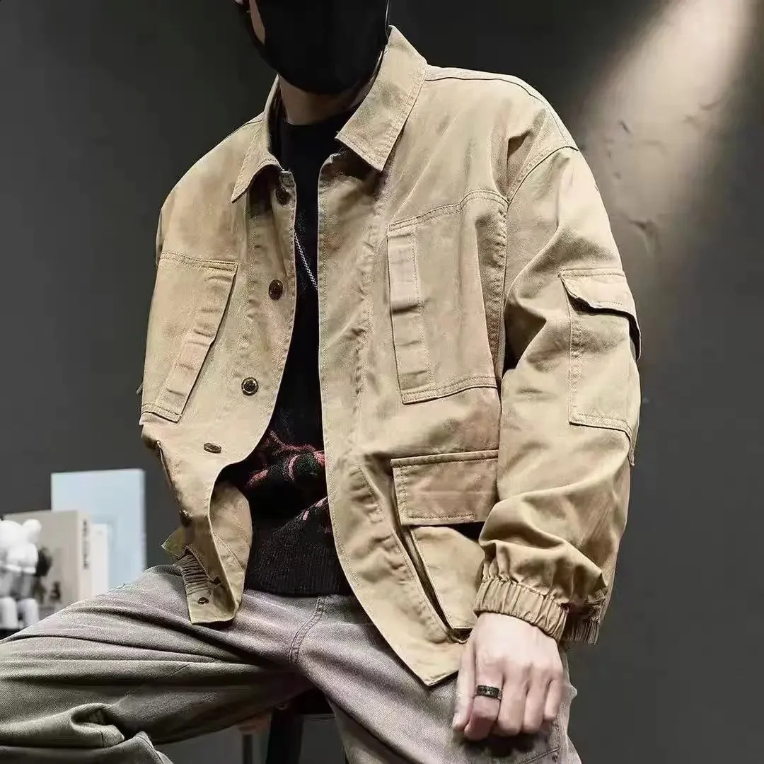 Mens jeans jacket khaki cargo denim mens autumn retro trend Korean onepiece clown fabric G 240824