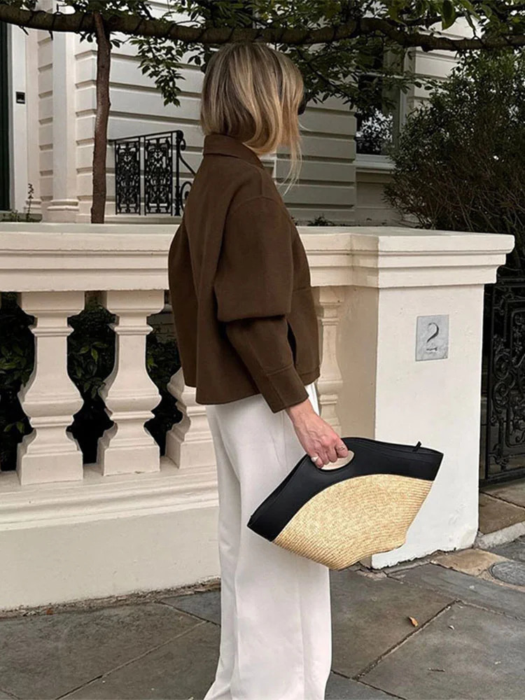 Women Fashion Solid Blends Jacket Chic Lapel Long Sleeves Singlebreasted Short Coat 2024 Autumn Lady Casual Streetwear 240824