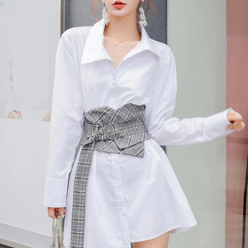 Womens Fashion Vintage Plaid Belt Asymmetrical n Elegant Mini Dress Autumn Office Lady Long Sleeve Slim Chic Shirt Dresses 240824
