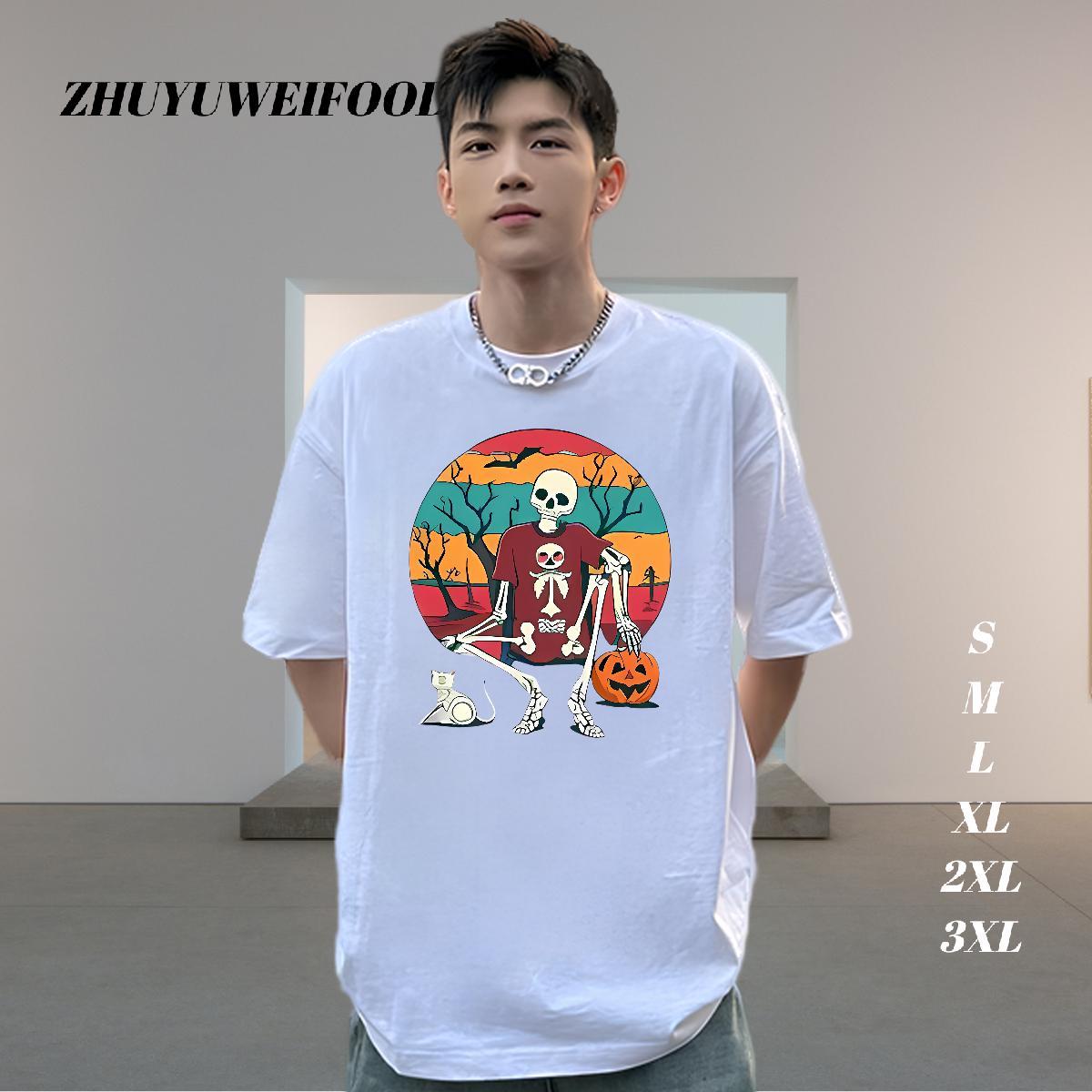 Loose Fit T-Shirts for Men 230g Pure Cotton halloween Street Casual Anime Print Crew Neck Men Clothes T-Shirt New Arrival Wear