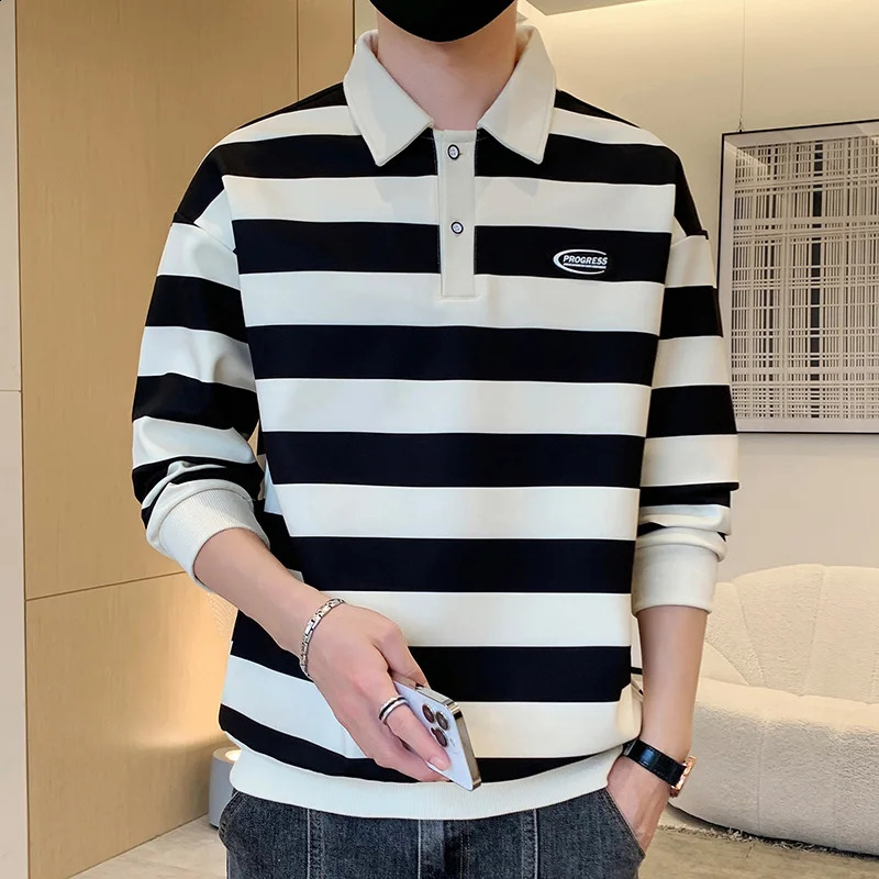 Commute Basic Striped T-shirts Spring Autumn Polo-Neck Button Mens Clothing Long Sleeve Korean Patch ns Loose Polo Shirts 240824