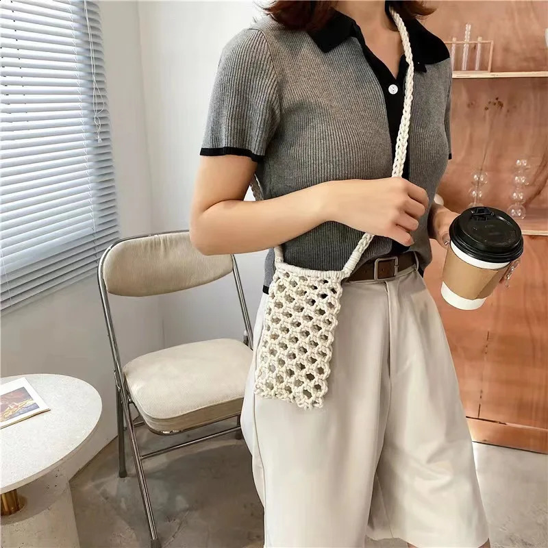 Women Fashion Small Crossbody Phone Bag Solid Color Hollow-out Woven Crochet Lightweight Braided Shoulder Handbag 240824