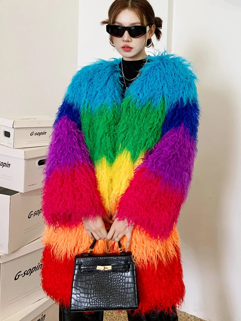 Original n Rainbow faux fur coat womens spliced contrasting color long jacket furry winter 240824