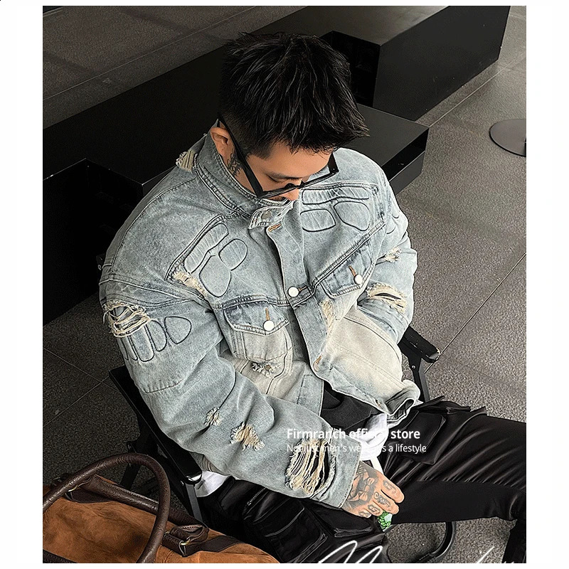 Firmranche test Armor Motorcycle Denim Jacket Mens Loose Strong Turtles Shell Tear Coat Spring Autumn 240824