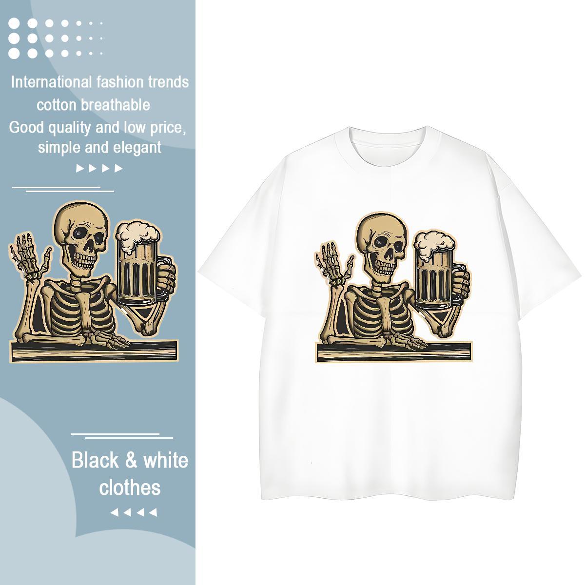 Comfortable T-Shirts for Men 230g Pure Cotton skull Summer Casual Graphic Crew Neck Breathable Couples T Shirts Fashion New Polos