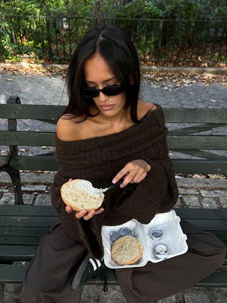 Women Fashion Sexy Solid Off Shoulder Sweater Elegant Chic Slash Neck Long Sleeve Jumper Autumn Ladies High Street Knitwear 240824