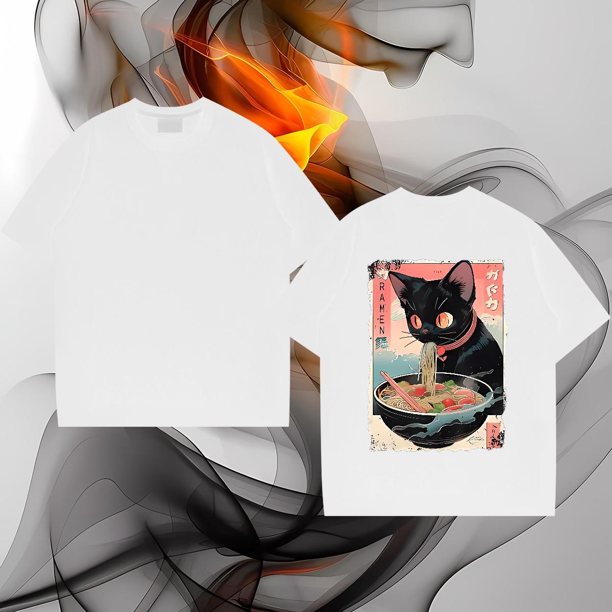 Fashion Tshirts The cat eats ramen noodles Home Outdoor 230g Pure Cotton Tee Shirt Crew Neck Cool T Shirt For Man White Plus Size