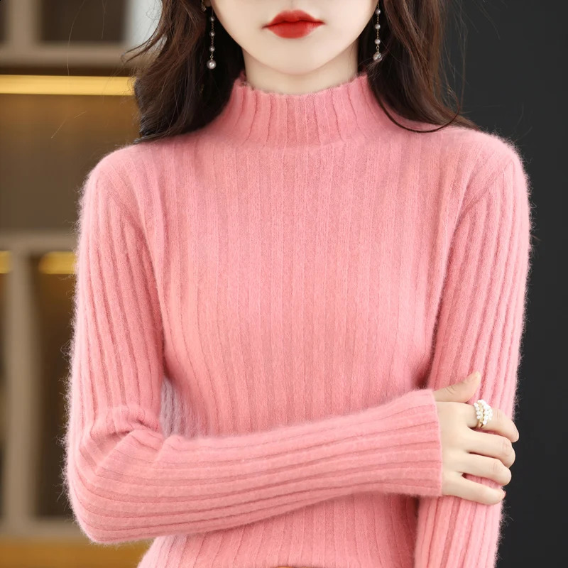 100% Mink Cashmere Womens Sweater Knitted Long Sleeve Pullover Half High Collar Loose Underlay Soft Fashion Womens Top 240824