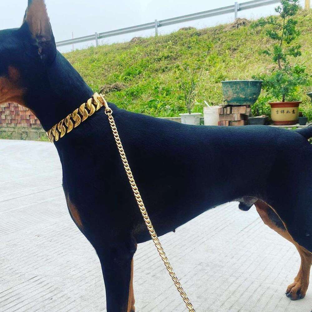 32mm Wide Chain Collars Heavy Strong Stainless Steel Choker Pitbull Gold Dog Necklace For Large Dogs 18K gold-plated Cuban link chain dog collar pet c