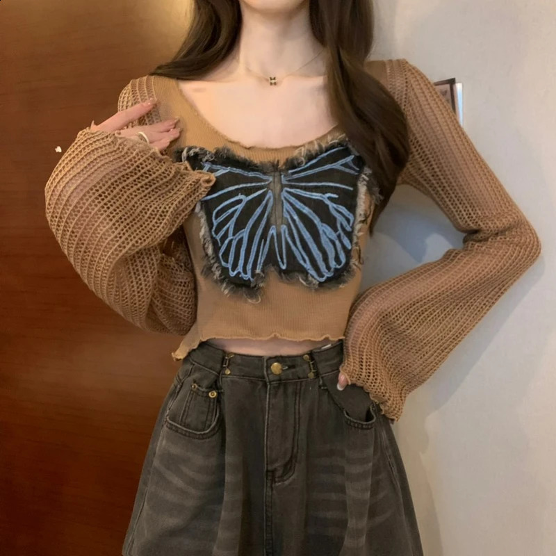 Autumn Vintage Elegant Knitted Pullovers Women Butterfly Hollow Out Long Sleeved Knitwear Crop Tops Korean Fashion Sweater Coat 240824